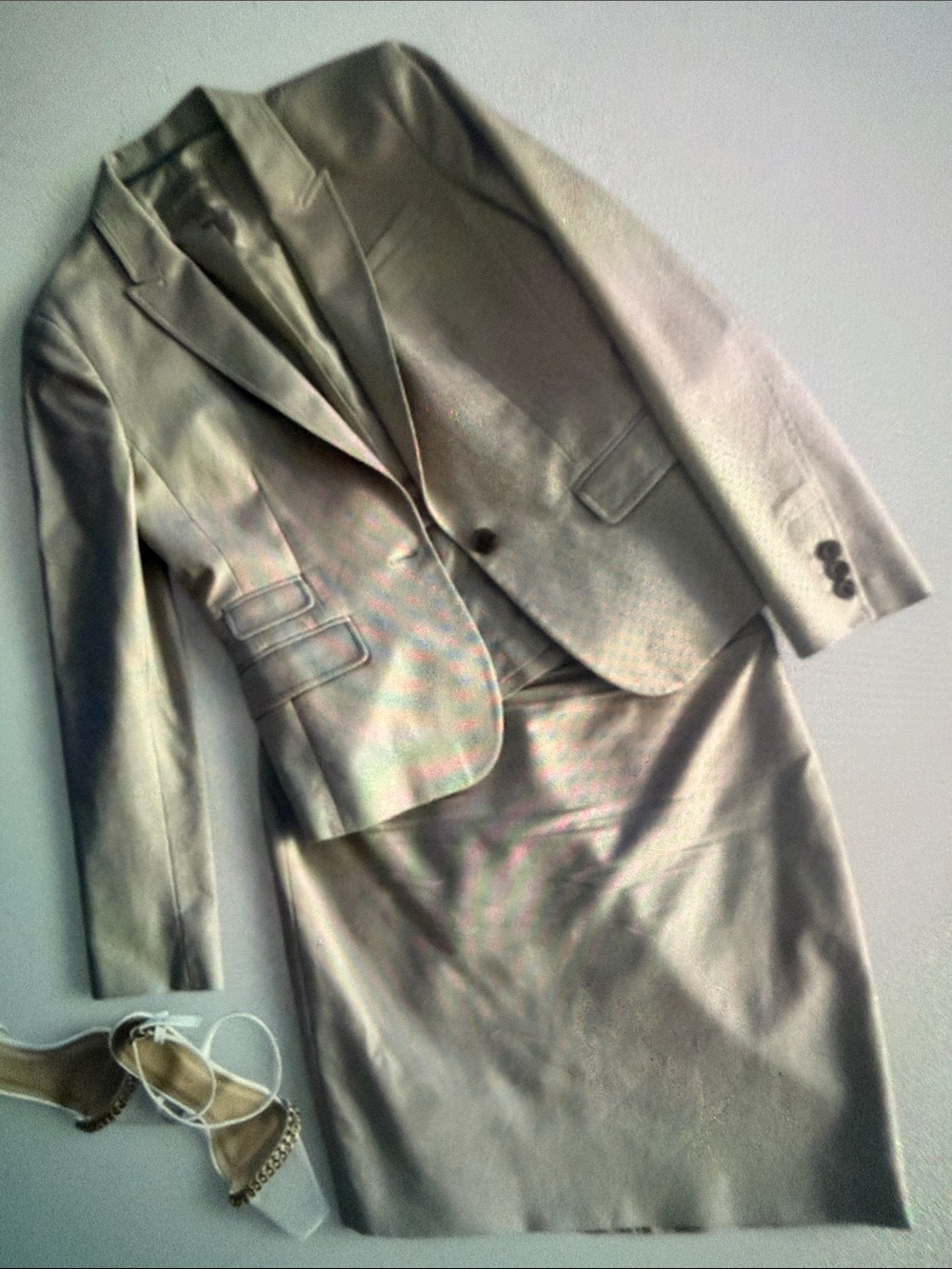 Women's Metallic Silver Two-Piece Skirt Suit - Classic Blazer & Pencil Skirt